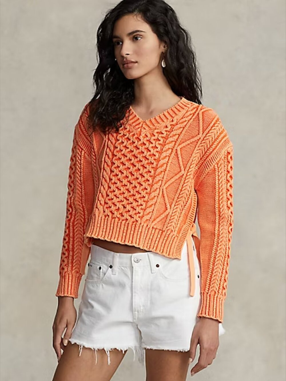 Aran-Knit 100% Cotton V-Neck Sweater